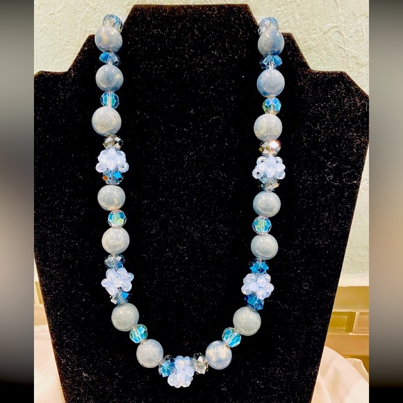 NWT Blue Gemstone Glass & Crystal Handmade Beaded Necklace - Picture 1 of 4